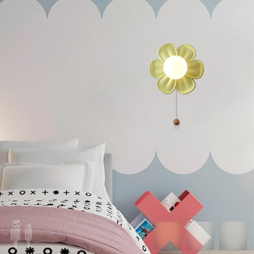 TZSMUM LED Kinderzimmer Wandlampe USB Aufladbar Blumen Design Wandleuchte mit Zugschnur Schalter Wandbeleuchtung 3000K/4000K/6000K Dimmbar Eisen Kunstharz für Babyzimmer (Grün) von TZSMUM