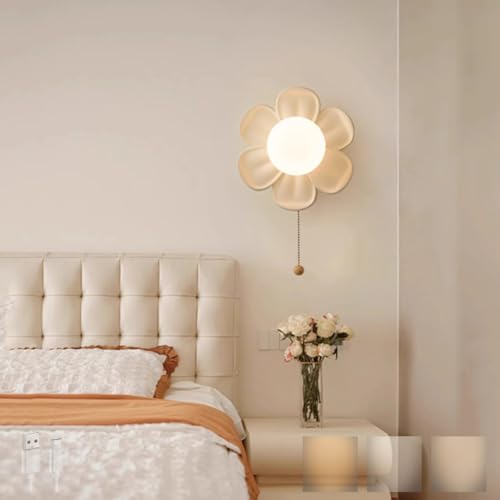 TZSMUM LED Kinderzimmer Wandlampe USB Aufladbar Blumen Design Wandleuchte mit Zugschnur Schalter Wandbeleuchtung 3000K/4000K/6000K Dimmbar Eisen Kunstharz für Babyzimmer (Hellgelb) von TZSMUM