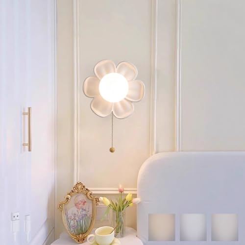 TZSMUM LED Kinderzimmer Wandlampe USB Aufladbar Blumen Design Wandleuchte mit Zugschnur Schalter Wandbeleuchtung 3000K/4000K/6000K Dimmbar Eisen Kunstharz für Babyzimmer (Weiß) von TZSMUM