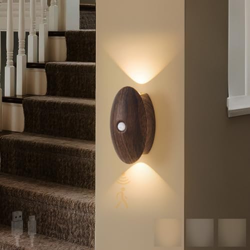 TZSMUM LED Modern Wandleuchte mit Bewegungsmelder Wandlampe USB Aufladbar Magnetisch Wandbeleuchtung 3000K/4000K/6000K Dimmbar Oval Design für Schlafzimmer Treppenhaus (Dunkle Holzfarbe) von TZSMUM