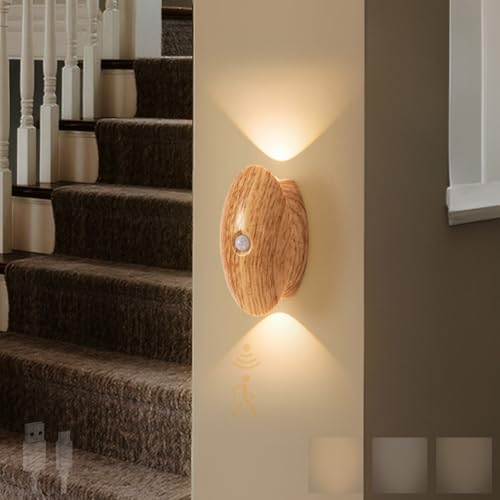 TZSMUM LED Modern Wandleuchte mit Bewegungsmelder Wandlampe USB Aufladbar Magnetisch Wandbeleuchtung 3000K/4000K/6000K Dimmbar Oval Design für Schlafzimmer Treppenhaus (Helle Holzfarbe) von TZSMUM
