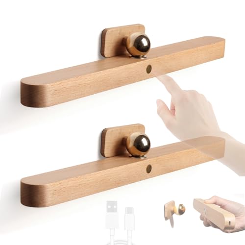 TZSMUM LED Wandlampe Holz Spiegelleuchte 360° Drehbare Wandbeleuchtung USB Wiederaufladbare Magnetische Schranklicht Wandleuchte Touch Dimmbar 4000K für Nachttisch Flur Treppehte (2 Stück) von TZSMUM