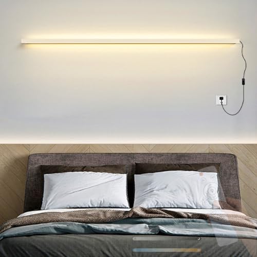 TZSMUM Moderne LED Lang Wandleuchte mit Fernbedienung Dimmbare Wandlampe mit Schalter Stecker Wandbeleuchtung 2700K-6500K Aluminium Minimalistisch Dekorativ für Wohnzimmer (100cm,Weiß) von TZSMUM