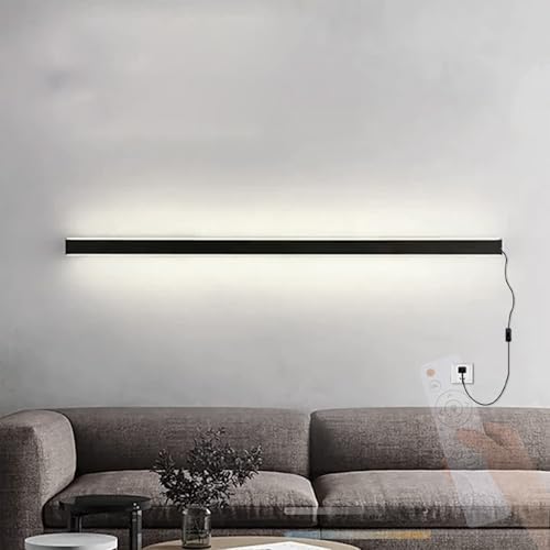 TZSMUM Moderne LED Lang Wandleuchte mit Fernbedienung Dimmbare Wandlampe mit Schalter Stecker Wandbeleuchtung 2700K-6500K Aluminium Minimalistisch Dekorativ für Wohnzimmer (150cm,Schwarz) von TZSMUM