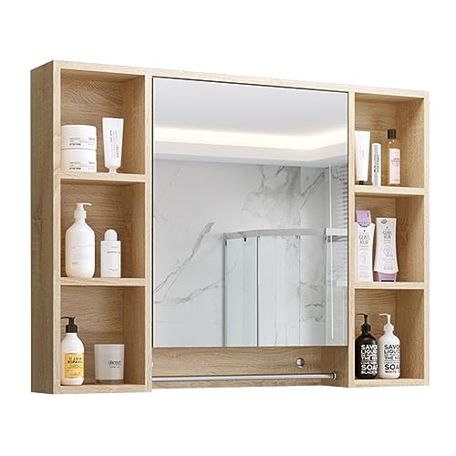 Badezimmer-Spiegelschrank mit Handtuchstange, WC-Spiegelbox, Medizinschrank aus Holz, Wandmontierter Spiegelschrank (Farbe: Braun, Größe: 90 x 14 x 75 cm) von TZUFA