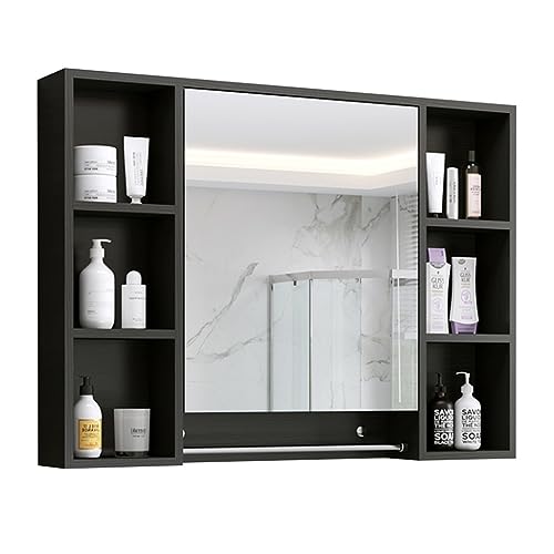 Badezimmer-Spiegelschrank mit Handtuchstange, WC-Spiegelbox, Medizinschrank aus Holz, Wandmontierter Spiegelschrank (Farbe: Schwarz, Größe: 90 x 14 x 75 cm) von TZUFA