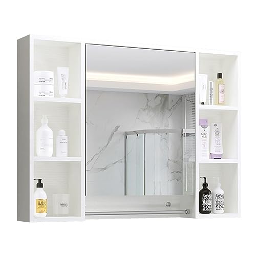 Badezimmer-Spiegelschrank mit Handtuchstange, WC-Spiegelbox, Medizinschrank aus Holz, Wandmontierter Spiegelschrank (Farbe: Weiß, Größe: 100 x 14 x 75 cm) von TZUFA