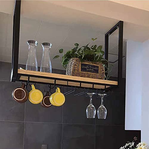 TZUFA Deckenregal – an der Decke hängender Weinglashalter, schwebendes Weinregal aus Schmiedeeisen an der Wand, hängendes Loft-Glasregal aus massivem Holz, dekoratives Bar-/Küchenregal, einfach zu von TZUFA
