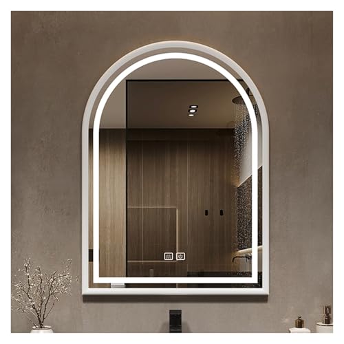 TZUFA Gewölbter LED-Kosmetikspiegel Mit Beleuchtung, Holzrahmen, Bogen LED-Spiegel Für Badezimmer, Wand-Schminkspiegel, 3-farbig, Beschlagfrei, Intelligenter Leuchtspiegel(Weiß,40x60cm/15.7x23.6in) von TZUFA