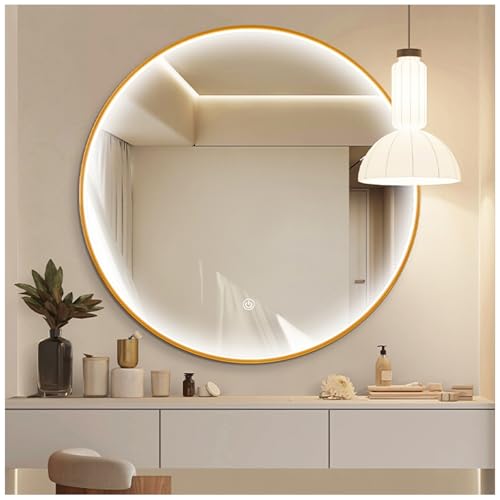 TZUFA LED-Spiegel Für Badezimmer, Runder LED-Wandspiegel 50 cm – 80 cm Mit Metallrahmen, Schminkspiegel Mit Lichtern, Beschlagfrei, Dimmbar, 3 Farben(Gold,70cm/27.5in) von TZUFA