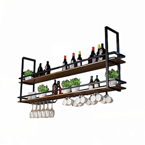 TZUFA Weinglashalter an der Decke – hängender Pflanzenständer für den Innenbereich, hängendes Weinregal mit Glashalter und Regal, an der Decke montierter Ausstellungsständer, industrieller hängend von TZUFA