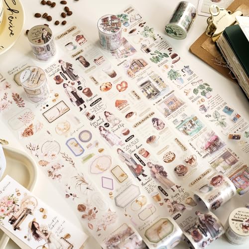 6 Rolls Washi Tape Sticker Set，Scrapbook Zubehör PET Washi Masking Tape Sticker Dekoratives Scrapbook Aufkleber Zubehör für Bullet Journals, Scrapbooking，Journaling, Kunst für Handwerk（Coffee von Ta Merry