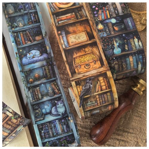 PET Washi Tape Scrapbook Zubehör,Ta Merry Scrapbooking Sticker,3 Rolls PET Magischer Bücherschrank Aesthetic Aufkleber Decorative für Bullet Journal Sticker,journaling Zubehör(Bücherschrank 1) von Ta Merry