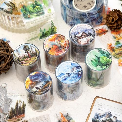 Washi Tape PET Washi Sticker 6 Rollen Aesthetic Scrapbook Stickers Bunt Aufkleber Fotoalbum für Scrapbooking，Journaling，Scrapbook Zubehör，Bullet Journals DIY Basteln und Geschenkpaket von Ta Merry