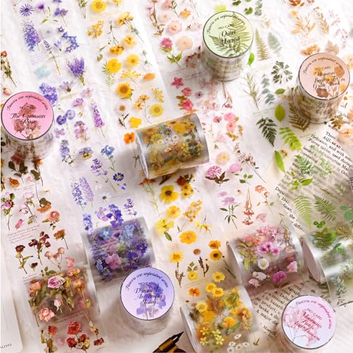 Washi Tape Set 6 Rolls PET Scrapbook Blumen Stickers Wide Washi Tapes Transparent Sticker für Scrapbooking，Bunt Aufkleber Fotoalbum，Journaling, Bullet Journals von Ta Merry