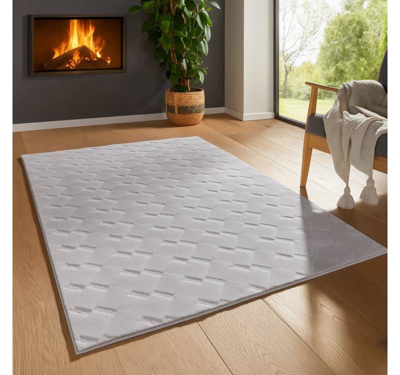 TaCa Home Teppich Kurzflor Teppich Hasenfell Optik, rechteckig, Höhe: 10 mm, Wohnzimmer, Kinderzimmer, Esszimmer, Karo Grau - 200 x 290 cm von TaCa Home