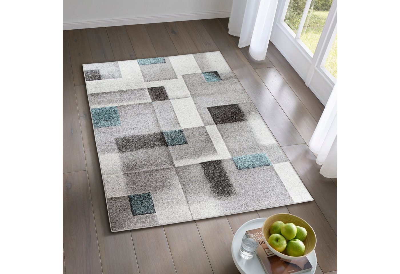 Teppich Designer Kurzflor Teppich Moderne Kunst, TaCa Home, rechteckig, Höhe: 12 mm, Wohnzimmer Schlafzimmer Esszimmer, Karos Blau - 80 x 140 cm von TaCa Home