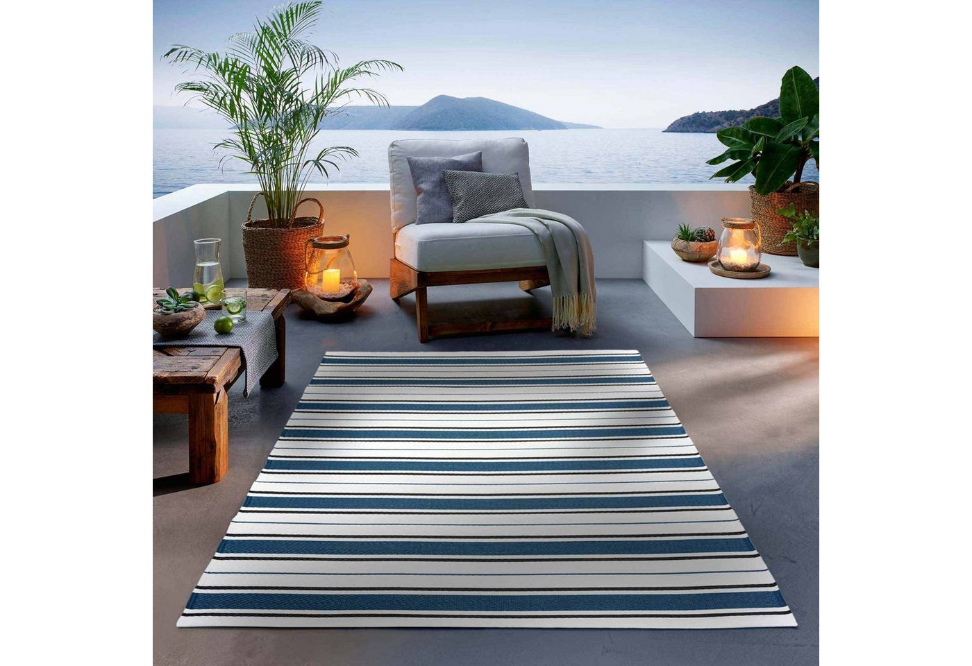 Teppich Outdoor & Indoor Teppich, TaCa Home, rechteckig, Höhe: 3 mm, Terrasse Balkon Garten Wohnzimmer Küche, Blau - 80 x 150 cm von TaCa Home