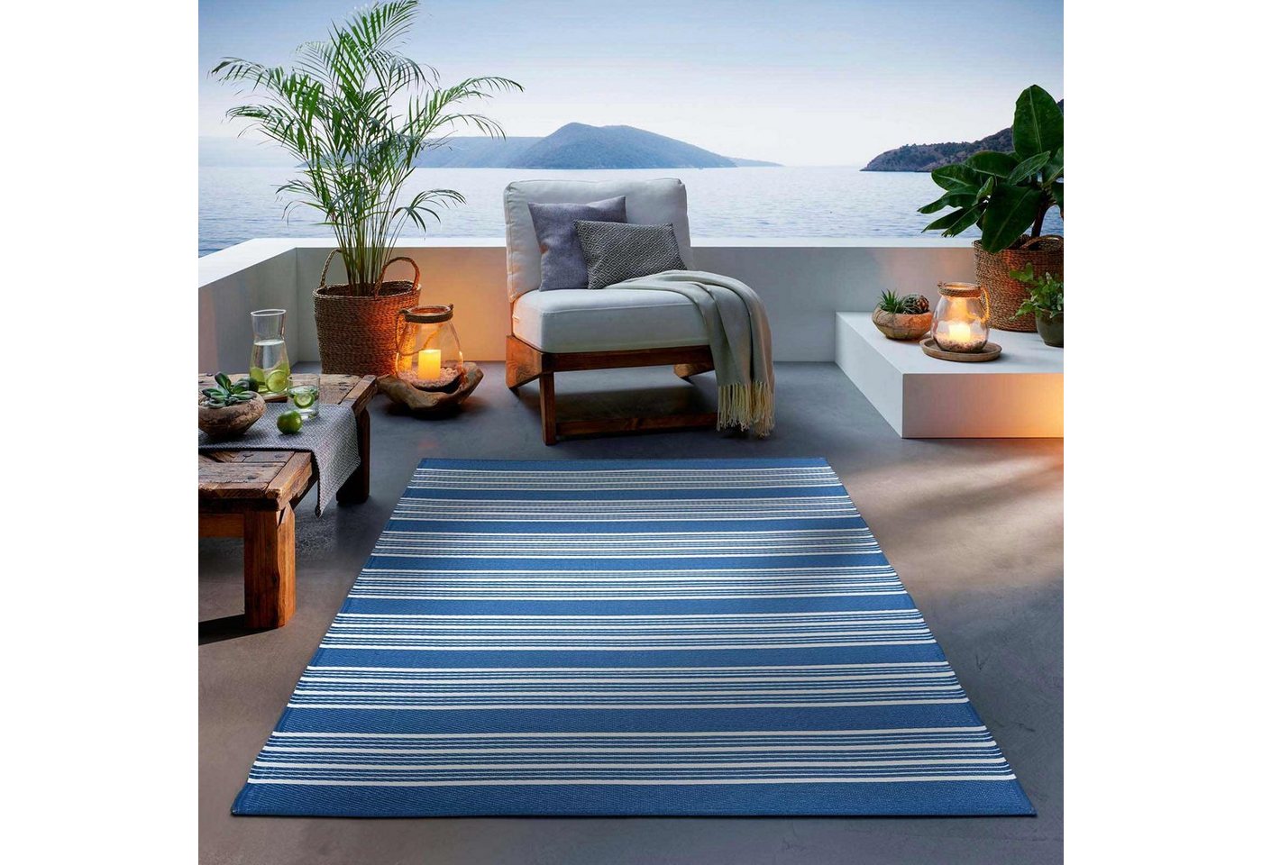 Teppich Outdoor & Indoor Teppich, TaCa Home, rechteckig, Höhe: 3 mm, Terrasse Balkon Garten Wohnzimmer Küche, Dunkelblau - 80 x 150 cm von TaCa Home