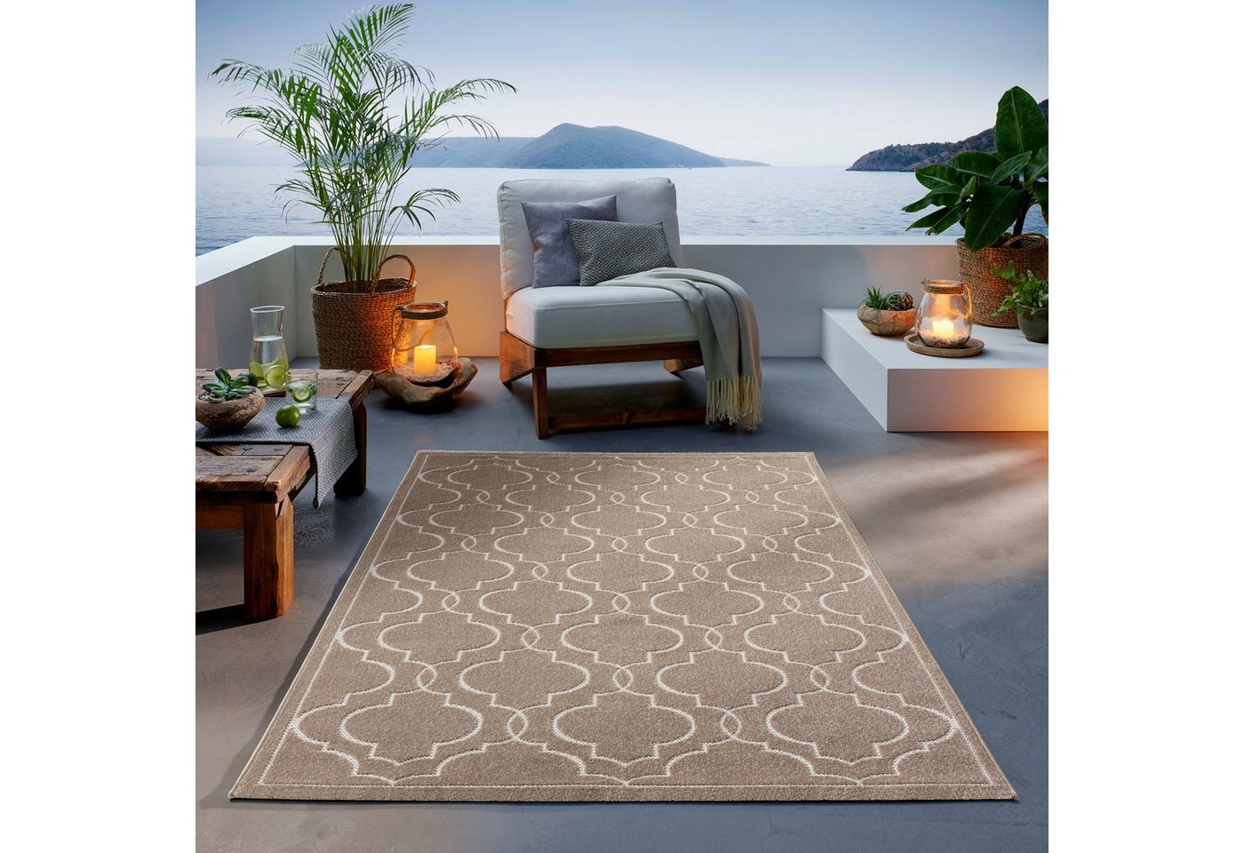 Teppich Outdoor & Indoor Teppich wetterfest waschbar Florentiner Design, TaCa Home, rechteckig, Höhe: 5 mm, Terrasse Balkon Garten Wohnzimmer Bad Küche, Beige - 80x150cm von TaCa Home