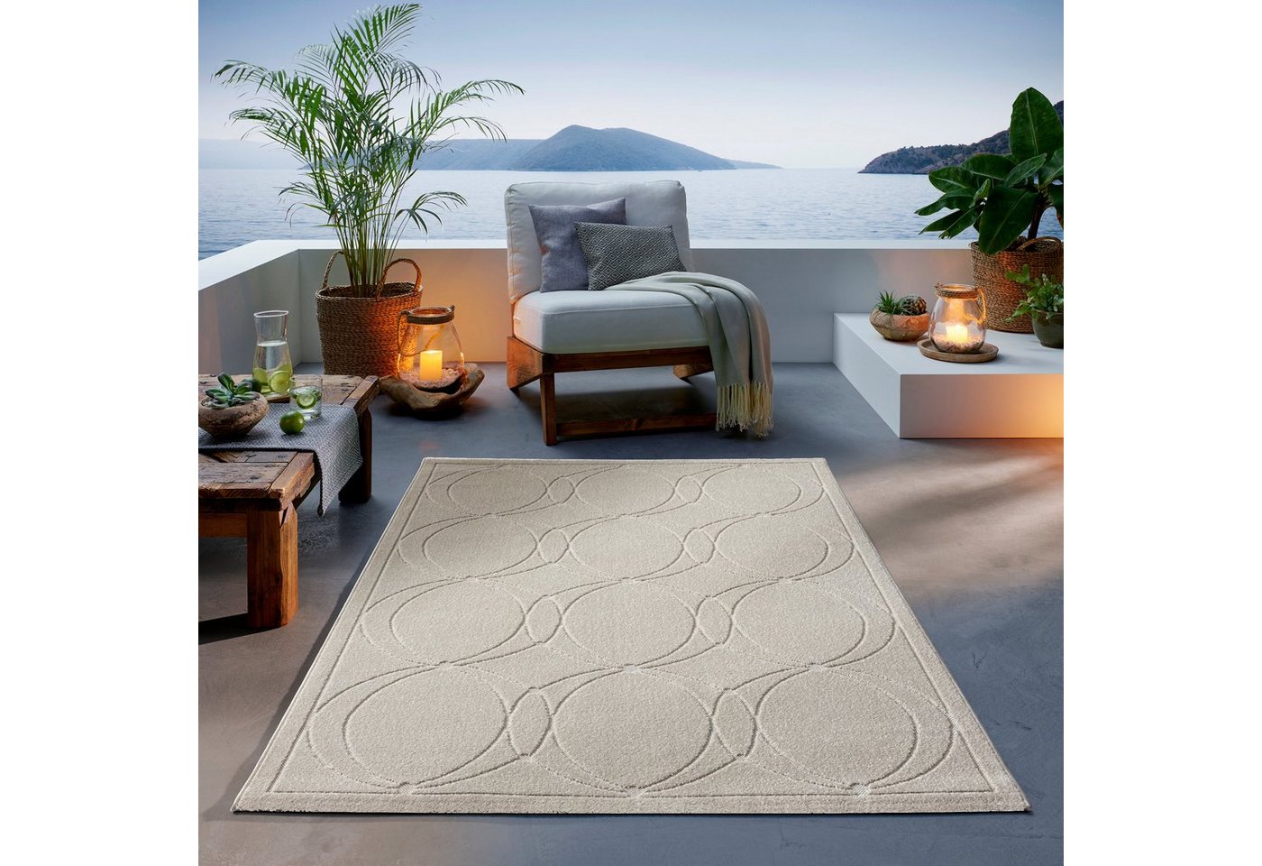 Teppich Outdoor & Indoor Teppich wetterfest waschbar Florentiner Design, TaCa Home, rechteckig, Höhe: 5 mm, Terrasse Balkon Garten Wohnzimmer Bad Küche, Creme Kreise - 80x150cm von TaCa Home