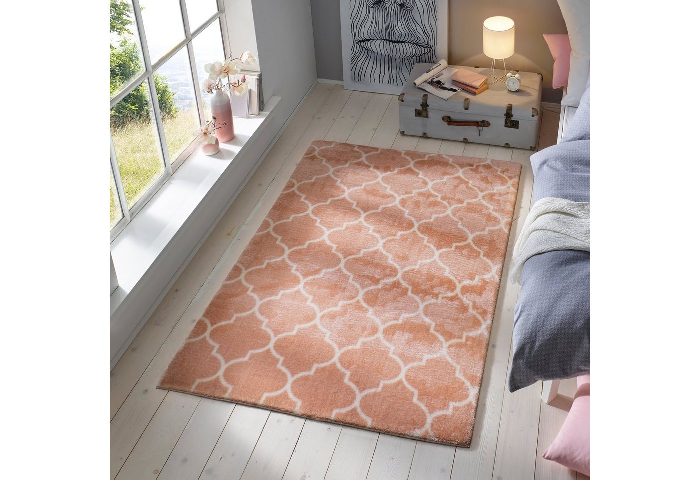 Teppich Waschbarer Kurzflor-Teppich Boho, TaCa Home, rechteckig, Höhe: 19 mm, Skandi Wohnzimmer Schlafzimmer Jugendzimmer, Rosa Creme - 80 x 150 cm von TaCa Home