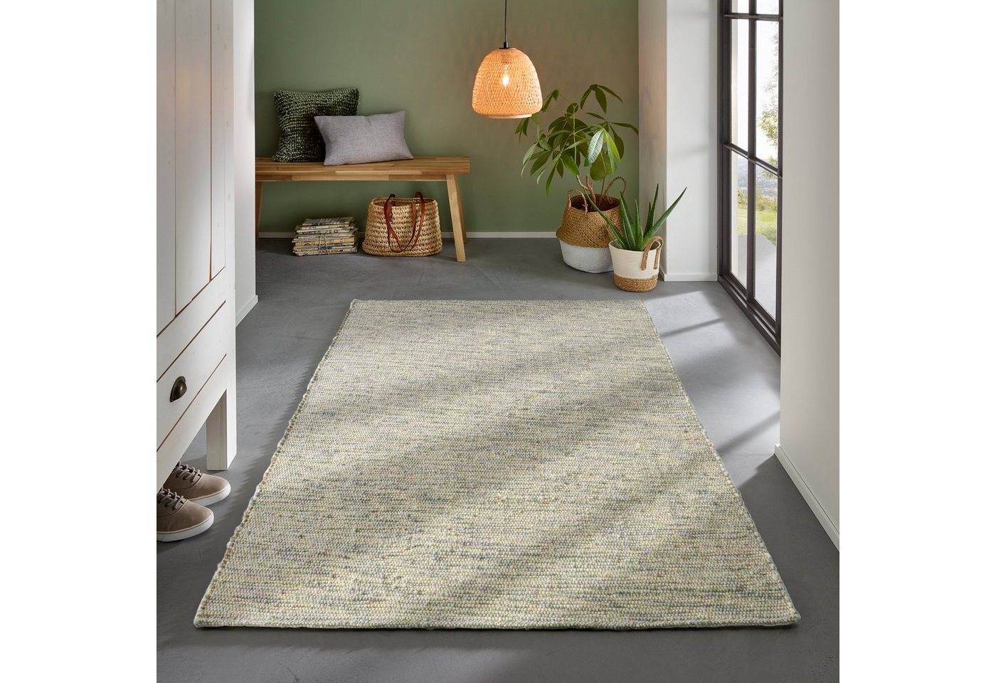 Wollteppich Gewalkter Handweb Woll-Teppich mit zweifarbigem DUO Schuss, TaCa Home, rechteckig, Höhe: 9 mm, nachhaltige Schurwolle Wohnzimmer Schlafzimmer, Grün - 70 x 130 cm von TaCa Home