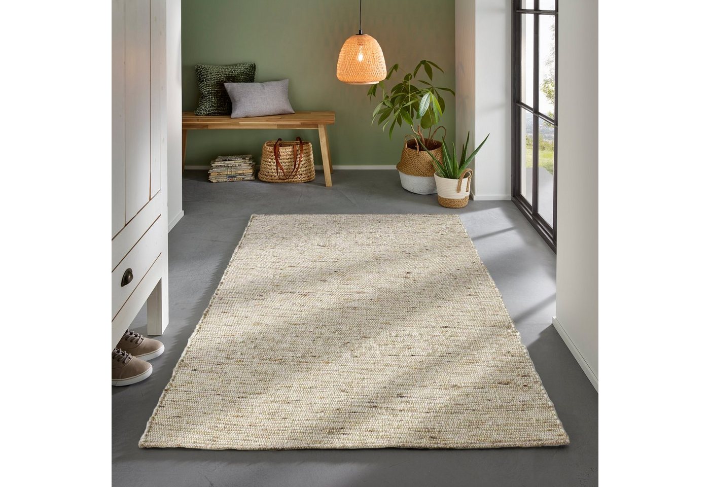 Wollteppich Gewalkter Handweb Woll-Teppich mit zweifarbigem DUO Schuss, TaCa Home, rechteckig, Höhe: 9 mm, nachhaltige Schurwolle Wohnzimmer Schlafzimmer, Natur - 70 x 130 cm von TaCa Home