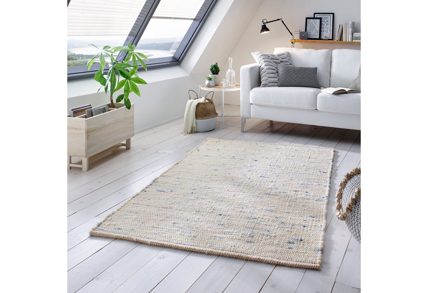 Wollteppich Handweb Woll-Teppich Neuseeland, TaCa Home, rechteckig, Höhe: 10 mm, Blau Meliert - 70 x 130 cm von TaCa Home