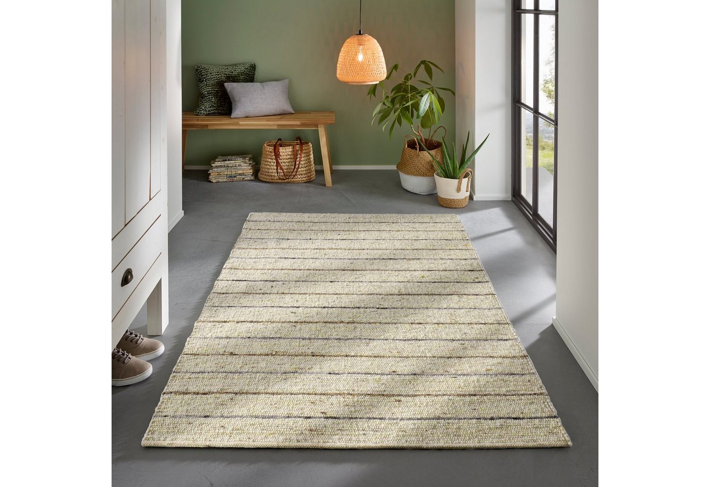 Wollteppich Handweb Woll-Teppich gestreift, TaCa Home, rechteckig, Höhe: 12 mm, nachhaltige Schurwolle Wohnzimmer Schlafzimmer, Grau - 70 x 130 cm von TaCa Home