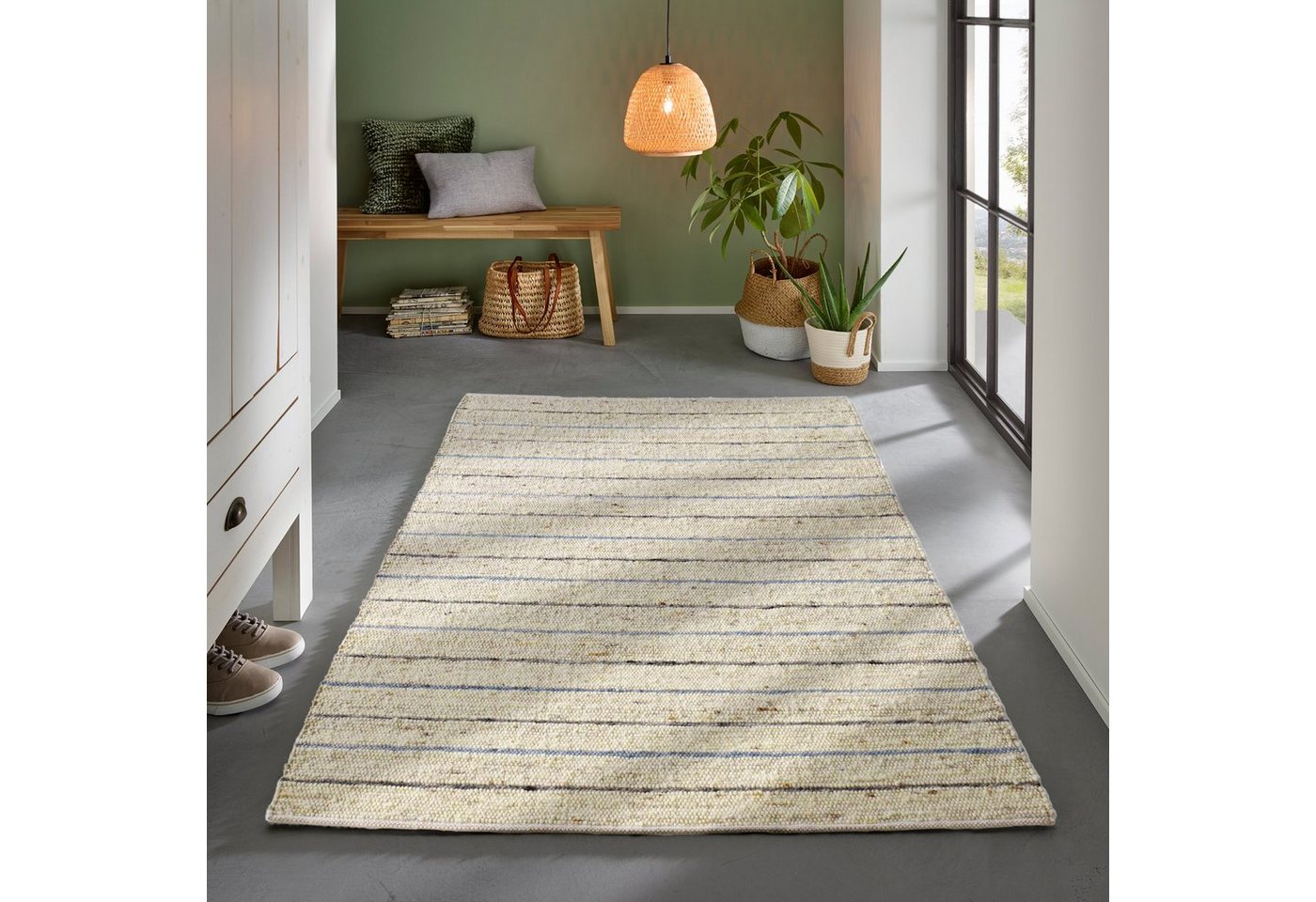 Wollteppich Handweb Woll-Teppich gestreift, TaCa Home, rechteckig, Höhe: 24 mm, nachhaltige Schurwolle Wohnzimmer Schlafzimmer, Blau - 70 x 130 cm von TaCa Home