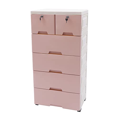 Kunststoff Nachttisch Kommode Kunststoff Möbel Schubladenregal Kunststoff Kommode mit 6 Schubladen Freistehend Schubladenregal Aufbewahrungsschubladen Schrank mit 4 Räder (Rosa) von TaNeHaKi