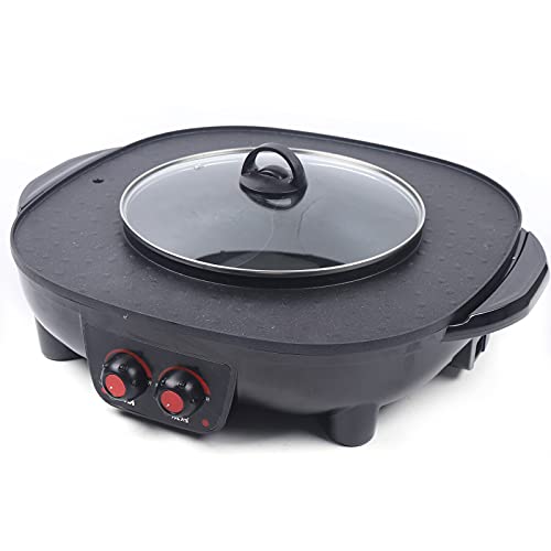 TaNeHaKi 2 in 1 Hot Pot BBQ Elektro Antihaftbeschichtung, multifunktional, doppelte Trennung, Hot Pot, elektrischer Grill ohne Rauch innen für eine einfache Reinigung, Schwarz von TaNeHaKi