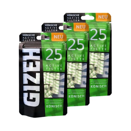 Gizeh KONISCH Active Filter 6 mm Aktivkohle - 3x Beutel à 25 Filter + Tabakguru Kugelschreiber von Tabakguru