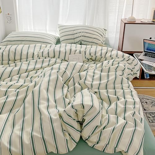 Tabeskly Gestreiftes Wende-Bettwäsche-Set für Einzelbett, mit Reißverschluss, Salbeigrün, 135 x 200 cm Tabeskly Gestreiftes Wende-Bettwäsche-Set für Einzelbett, mit Reißverschluss, Salbeigrün, 135 x 200 cm von Tabeskly