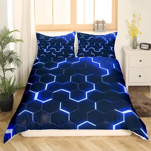 Tabeskly Hexagon Raum Geometrie Jungen BettwäSche Kinder KinderbettwäSche Bed Duvet Cover Bedding Set Schwarz Blau 135×200cm von Tabeskly