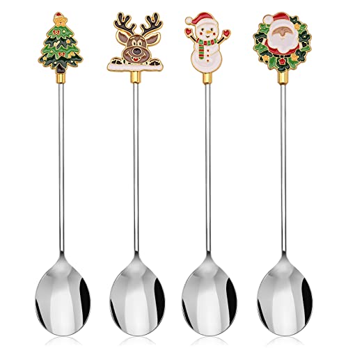 Weihnachts Kaffee Löffel,4Stück Weihnachtslöffel Weihnachten Edelstahl Dessert Teelöffel mit Weihnachtsanhänger Weihnachtsbaum Elch Schneemann Weihnachtsmann für Teesuppe,Geschenkbox Verpackung Silver von Tabibito