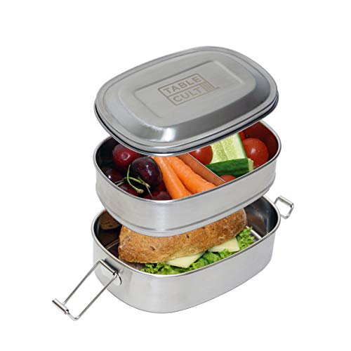 'TABLECULT Doppeldecker Brotdose aus gebürstetem Edelstahl I Doppel-Lunchbox mit 3 Fächern I Lebensmittelecht und ohne Plastik 'TABLECULT Doppeldecker Brotdose aus gebürstetem Edelstahl I Doppel-Lunchbox mit 3 Fächern I Lebensmittelecht und ohne Plastik von Table Cult