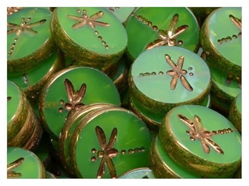 10 pcs Libelle Münzperlen 17 mm, Grüner Opal Bronze Glanz, Tschechisches Glas (Dragonfly Coin Beads) von Table Cut Beads