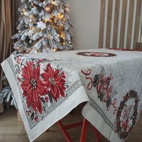 Weihnachtstischdecke Quadrat Rechteck Luxus Weiß Mit Silberfäden Roter Weihnachtsstern Und Weihnachtsverzierung X-Mas von TableclothByMystat