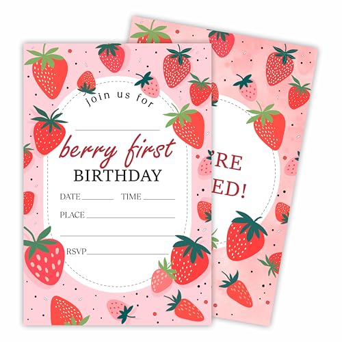 Tabyon Berry Einladung zum ersten Geburtstag, 20 Erdbeer-Themen-Einladungen mit Umschlägen, Einladung zum 1. Geburtstag für Jungen und Mädchen, Partygeschenk und Dekorationen – A11 Tabyon Berry Einladung zum ersten Geburtstag, 20 Erdbeer-Themen-Einladungen mit Umschlägen, Einladung zum 1. Geburtstag für Jungen und Mädchen, Partygeschenk und Dekorationen – A11 von Tabyon
