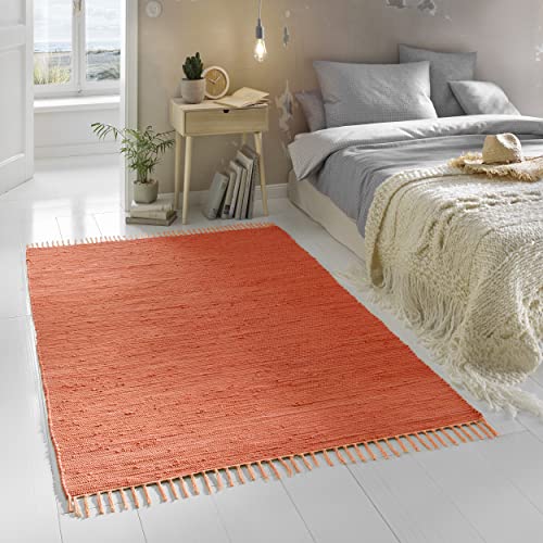 Flicken-Teppich 100% Baumwolle I Waschbarer Fleckerl mit Fransen I Esszimmer Küche Badezimmer Wohnzimmer Kinderzimmer | 120 x 180 cm Terracotta von TacaHome