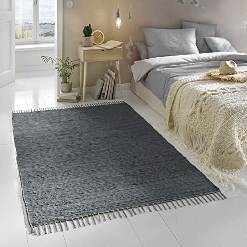 TacaHome Flicken-Teppich 100% Baumwolle I Waschbarer Fleckerl mit Fransen I Esszimmer Küche Badezimmer Wohnzimmer Kinderzimmer | 120 x 180 cm Anthrazit von TacaHome