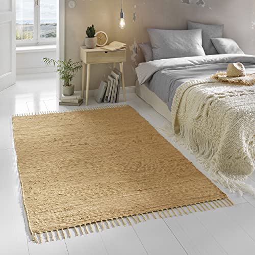 TacaHome Flicken-Teppich 100% Baumwolle I Waschbarer Fleckerl mit Fransen I Esszimmer Küche Badezimmer Wohnzimmer Kinderzimmer | 140 x 200 cm Beige von TacaHome