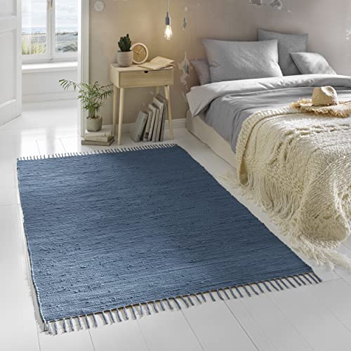 TacaHome Flicken-Teppich 100% Baumwolle I Waschbarer Fleckerl mit Fransen I Esszimmer Küche Badezimmer Wohnzimmer Kinderzimmer | 200 x 300 cm Blau von TacaHome