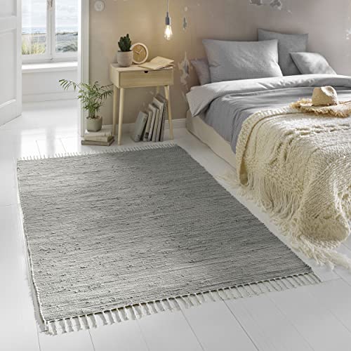 TacaHome Flicken-Teppich 100% Baumwolle I Waschbarer Fleckerl mit Fransen I Esszimmer Küche Badezimmer Wohnzimmer Kinderzimmer | 70 x 140 cm Grau von TacaHome