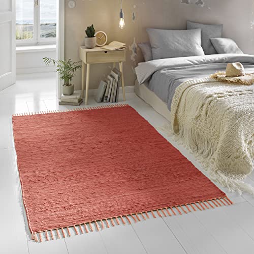 TacaHome Flicken-Teppich 100% Baumwolle I Waschbarer Fleckerl mit Fransen I Esszimmer Küche Badezimmer Wohnzimmer Kinderzimmer | 90 x 160 cm Rot von TacaHome