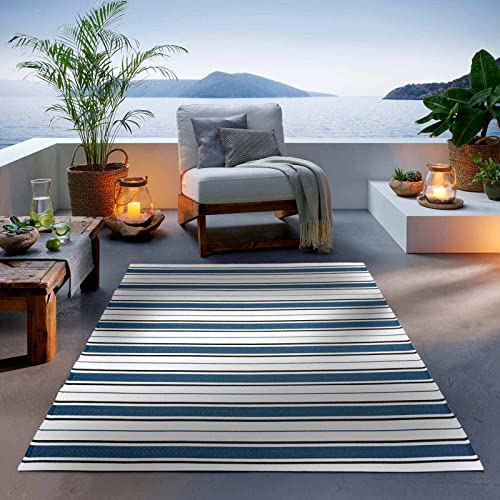 TacaHome Outdoor Teppich I Wetterfest Für Drinnen und Draußen I Terrasse Balkon Garten Wohnzimmer Badezimmer Küche Flur Läufer | 140 x 200 cm Blau Streifen von TacaHome