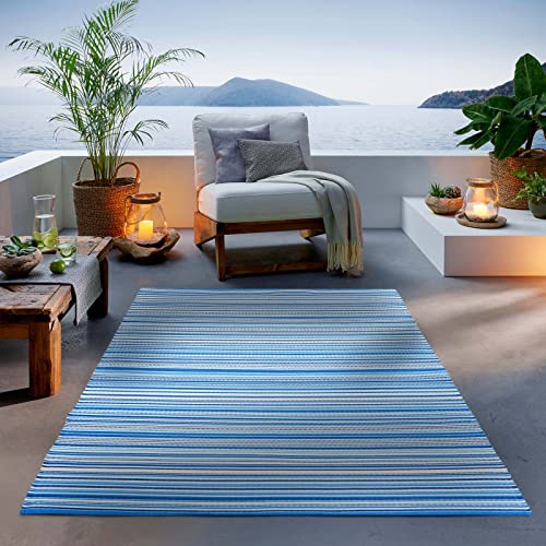 TacaHome Outdoor Teppich I Wetterfest Für Drinnen und Draußen I Terrasse Balkon Garten Wohnzimmer Badezimmer Küche Flur Läufer | 160 x 230 cm Türkis Streifen von TacaHome