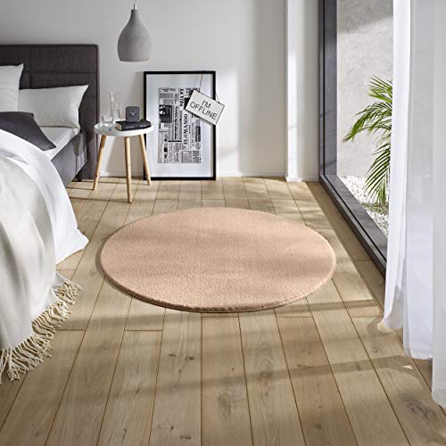 TacaHome Waschbarer Kurzflor Teppich Anti-Rutsch I Flauschiger Flachflor für Badezimmer Wohnzimmer Schlafzimmer Kinderzimmer Flur Läufer | 120 cm rund Beige von TacaHome